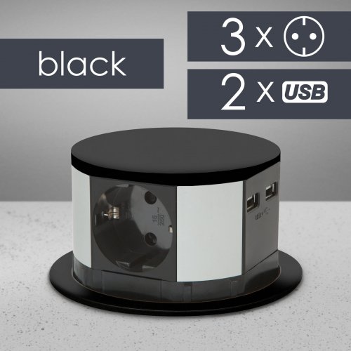 Predlžovačka skrytá - 3-itá + USB-A + Type-C - Čierna
