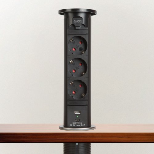 Skrytá predlžovačka so zabudovaným motorom - čierna  3 x 250V + USB-A, Type-C