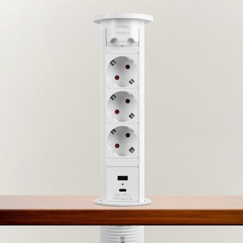 Skrytá predlžovačka so zabudovaným motorom - biela   3 x 250 V + 2 x USB