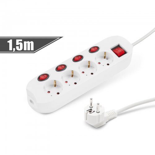 Predlžovačka s 4 zásuvkami - 4+1 spínačov - 250 V • 16 A - 1,5 m