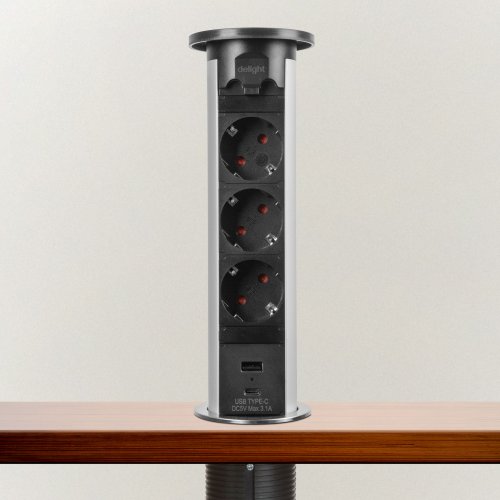 Skrytá predlžovačka so zabudovaným motorom - strieborná 3  x 250 V + 2 x USB