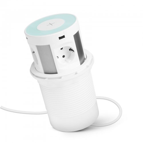 Skrytá predlžovačka - so 4 zásuvkami + bezdrôtové nabíjanie + 2xUSB + 2xType-C - biela