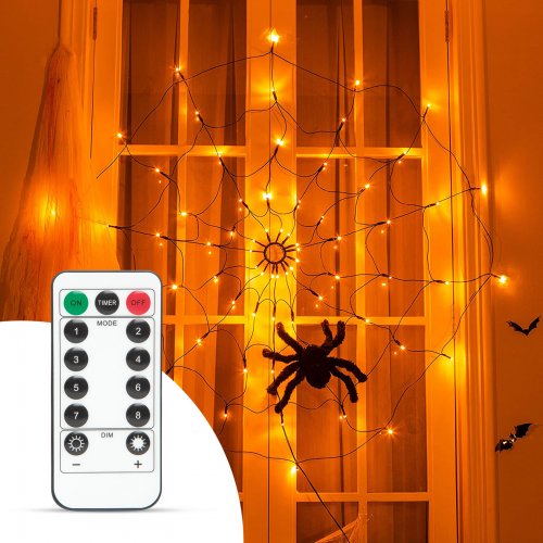 Pavučinový záves s pavúkom - 60 ks teplých bielych LED - USB