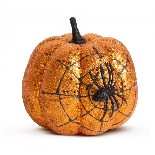 Halloweenska tekvicová dekorácia - oranžové glitre - s pavučinou - 15 cm