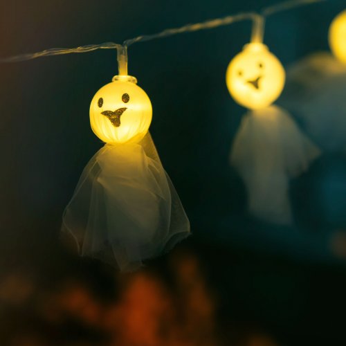 Halloweenska LED sveteľná reťaz - duch - 10 LED - 2 x AA - 0,9 m