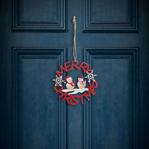 Vianočná dekorácia - drevo, červený snehuliak - 10 cm