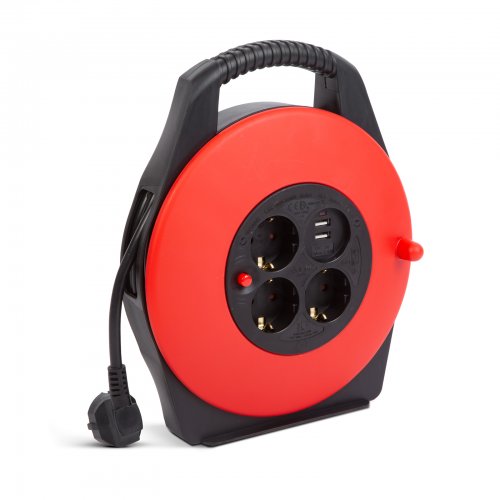 Káblový bubon s plastovým držiakom - 3 x 1,5 mm² - 2 x USB - 10 m