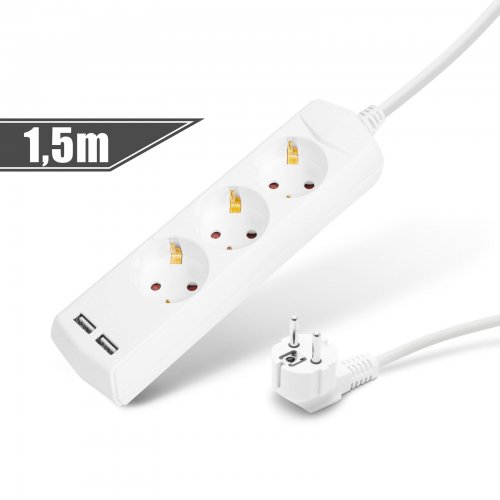 Predlžovačka s 3 zásuvkami, 3 x 1,5 mm² - 1,5 m - 2 x USB