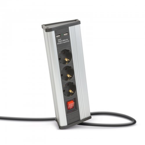 Rohová predlžovačka - s vypínačom  - 3 x 250V, 16A - 2 x USB, 2,1A - hliníkové telo