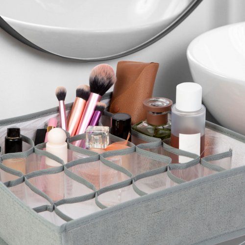 Úložný box z textilu - 32 x 32 x 10 cm - 24 kapsí - sivý