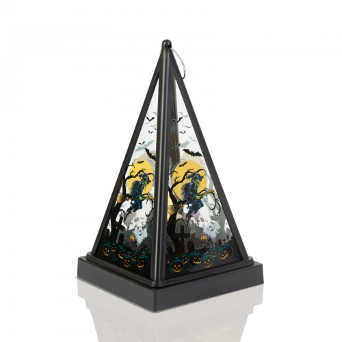 Halloweensky LED lampáš - bosorka - teplá biela - čierna -  9,5 x 9,5 x 17 cm - 2 x AAA