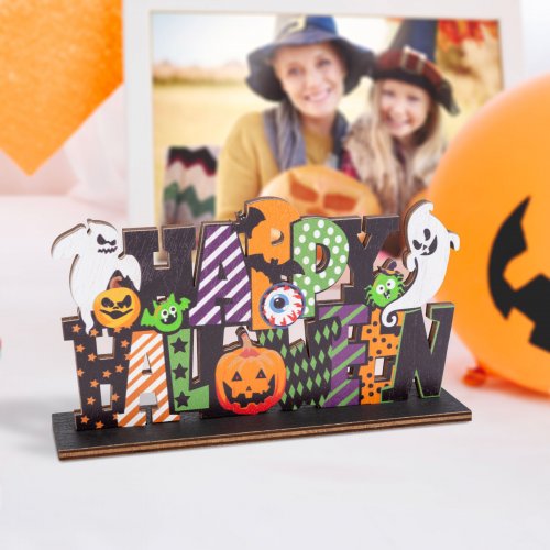 Halloweenska drevená dekorácia na poličku - Happy Halloween" - 17 x 10 x 4 cm