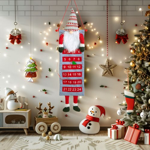 Nástenný adventný kalendár - 3D škandinávsky trpaslík - textil - 100 x 28 cm 
