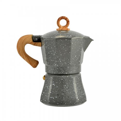 Kávéfőző na espresso pre 3 osoby, sivý, s rúčkou v imitácii dreva