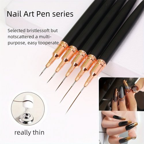 5 ks ružových/čiernych štetcov na Nail Art – dlhé štetce na detailné zdobenie nechtov, ideálne na gélovú manikúru a jemné vzory