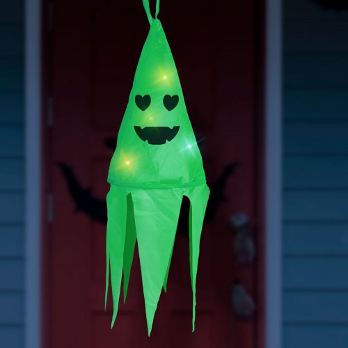 Halloween osvetlená dekorácia - duch - zelená - 10 farebných LED - zavesiteľné - 2 x 2032 - 75x20 cm