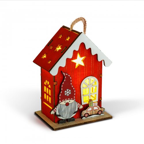 Vianočná LED dekorácia - domček so škriatkom - teplá biela LED, červená - 7,5 x 5 x 10 cm - 2 druhy