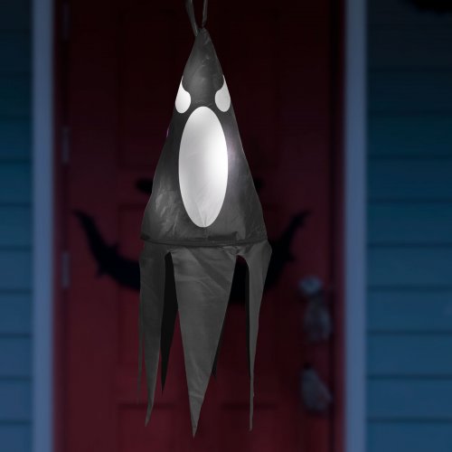 Halloween osvetlená dekorácia - duch - čierna - 10 farebných LED - zavesiteľná - 2 x 2032 - 75x20 cm