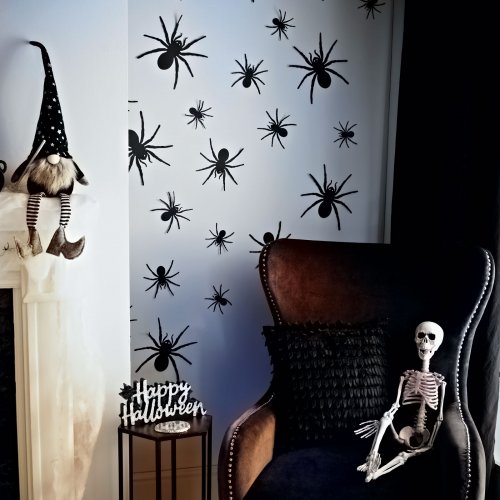 Halloweenská dekorácia - sada pavúkov - samolepiace - čierne - 30 ks / balenie