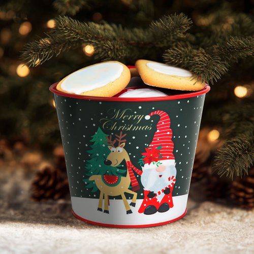 Vianočná dekorácia - kovový kvetináč, vedierko - škriatok - 13 x 11 cm