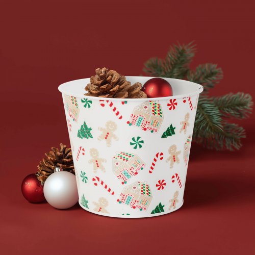 Vianočná dekorácia - kovový kvetináč, vedierko - domček - 13 x 11 cm