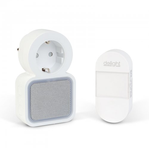 Digitálny bezbatériový a bezdrôtový zvonček – Kinetický – do zásuvky 220–240V AC – biely – modrá LED