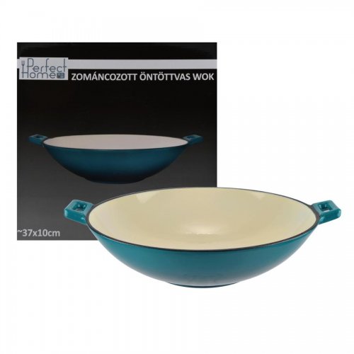 Smaragdovo modrý smaltovaný liatinový wok 37 cm