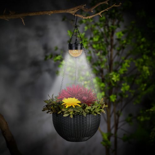 Závesná LED solárna lampa – kvetináč – čierna – plast – 26 x 16 cm