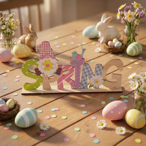 Jarná ležiaca stolová dekorácia z dreva - so škriatkom