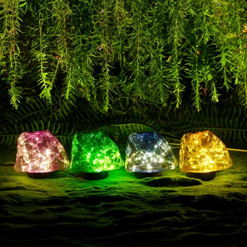 Zapichovacia solárna lampa – tvar kameňa – farebná – 140 x 120 x 120 mm – teplá biela LED