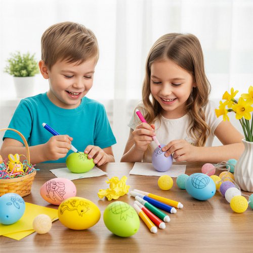 Veľkonočné maľovateľné vajíčka so 4 fixkami – 6 farebných vajíčok – 6 cm