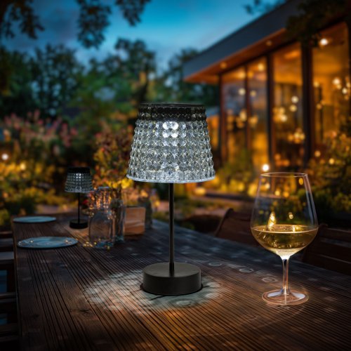 Solárna stolová lampa – dymová – studená biela LED – plast – 26 x 12 cm