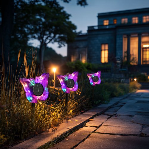 Zapichovacia solárna lampa – motýľ – fialový – 13 x 6,5 x 35 cm – teplá biela + farebné LED