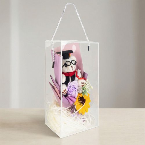 Umelá rastlinná dekorácia - slnečnica s medvedíkom - 14 x 10,5 x 26 cm