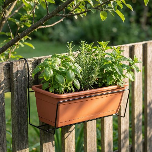 Držiak na truhlík - kov, čierny - na zábradlie - 40 x 22 cm