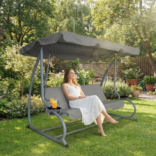 Záhradná hojdačka - 200 x 120 x 164 cm - sivá - s držiakom na pohár