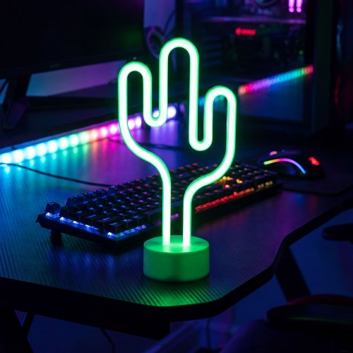 Neónová LED lampa - zelený kaktus - 3 x AA + USB - 18,5 x 8,5 x 28 cm