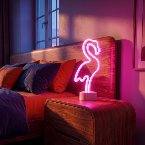 Neónová LED lampa - ružový plameniak - 3 x AA + USB - 12 x 8,5 x 29,5 cm