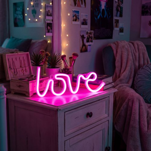 Neónová LED lampa - ružový „Love“ - 3 x AA + USB - 34 x 1,6 x 12,5 cm