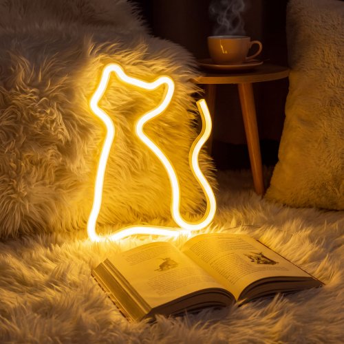 Neónová LED lampa - teplobiela mačka - 3 x AA + USB - 17 x 1,6 x 23,3 cm