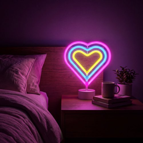 Neónová LED lampa - farebné srdce - 3 x AA + USB - 25,2 x 1,6 x 23 cm