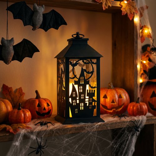 Halloweenová blikajúca lampáš - hrad - na batérie - čierna - 30 x 14 cm