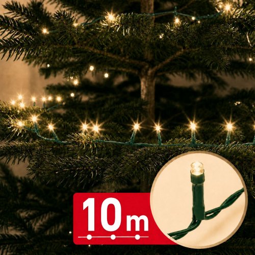 Svetelná reťaz – 10 m – teplá biela – 200 LED – 100–240 V – 6 W – zelený kábel