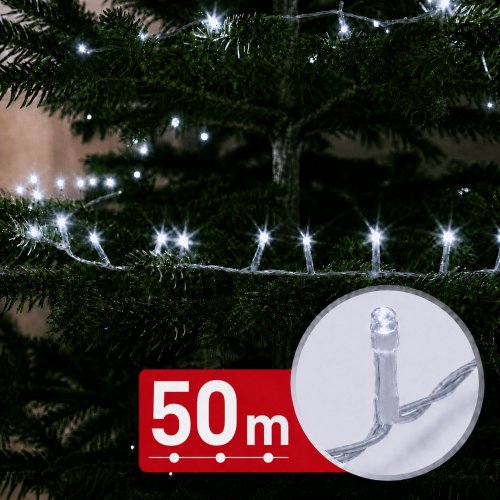 Svetelná reťaz – 50 m – studená biela – 1000 LED – 220–240 V – 9 W – priehľadný kábel