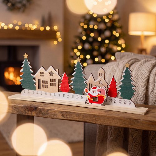 Adventný kalendár - vianočná dedinka - MDF - 40 x 12 cm