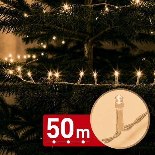 Svetelná reťaz – 50 m – teplá biela – 1000 LED – 220–240 V – 9 W – priehľadný kábel