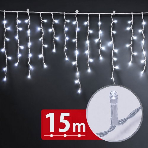 Svetelný záves – 15 m – studená biela – 600 LED – 100–240 V – 6 W – priehľadný kábel