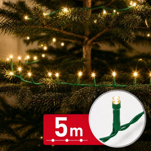 Svetelná reťaz – 5 m – teplá biela – 100 LED – 100–240 V – 6 W – zelený kábel