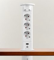 Skrytá predlžovačka so zabudovaným motorom - biela   3 x 250 V + 2 x USB