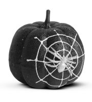 Halloweenska tekvicová dekorácia - čierne glitre - s pavučinou - 15 cm